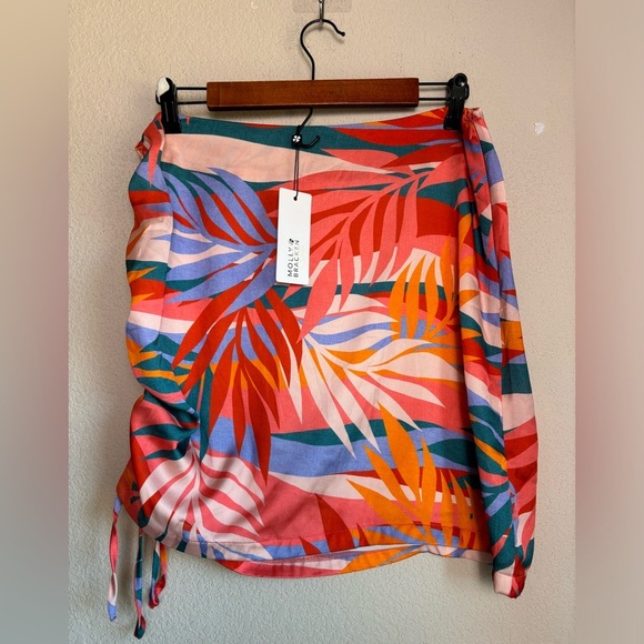 NWT Molly Bracken Roma Pink Sunset Retro Tropical Palm Tree Ruched Tie Skirt L - Picture 5 of 12